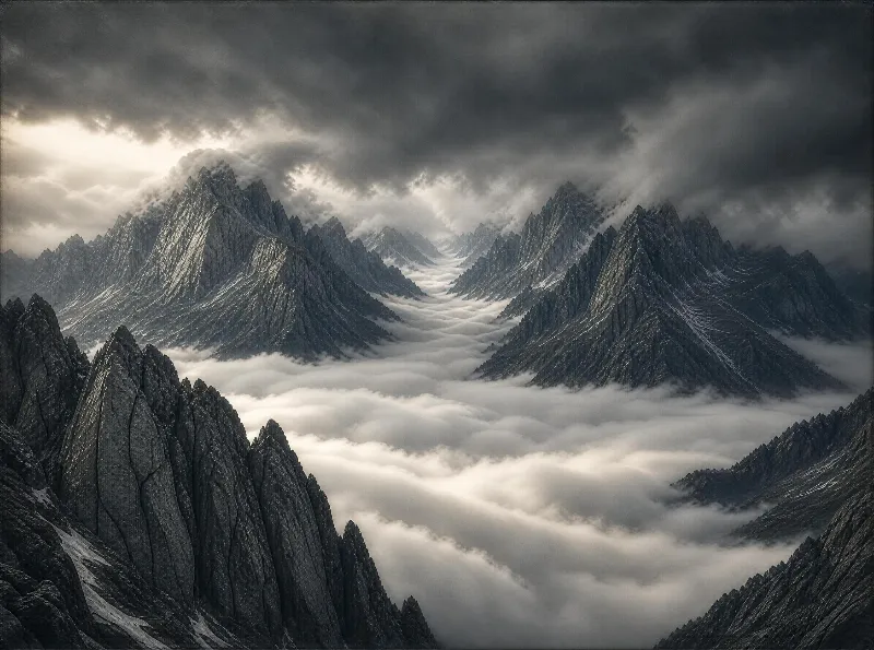 Rugged mountain peaks rise above a sea of clouds under a dark, stormy sky with faint light breaking through