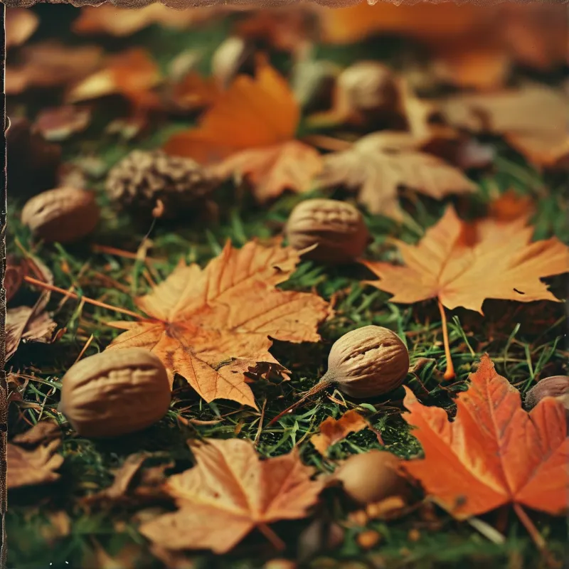 Orange maple leaves and brown wrinkled walnuts lie scattered over patches of dark green grass under soft warm autumn light.