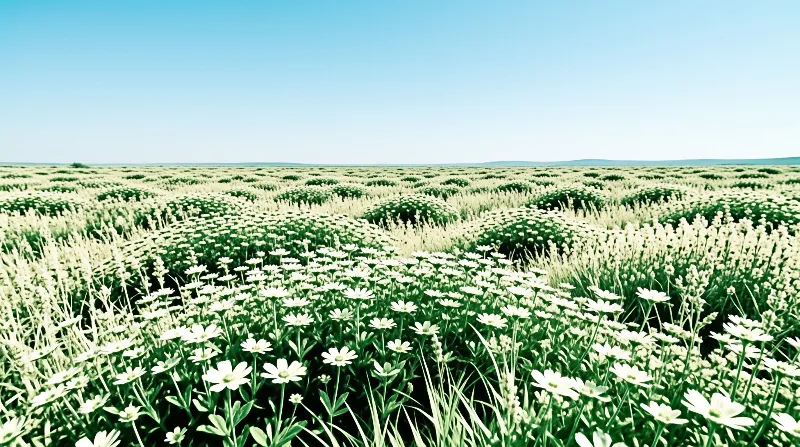 A wide expanse of white wildflowers grows densely across a green plain beneath a clear sky.