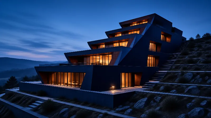 Modern Hillside House at Dusk