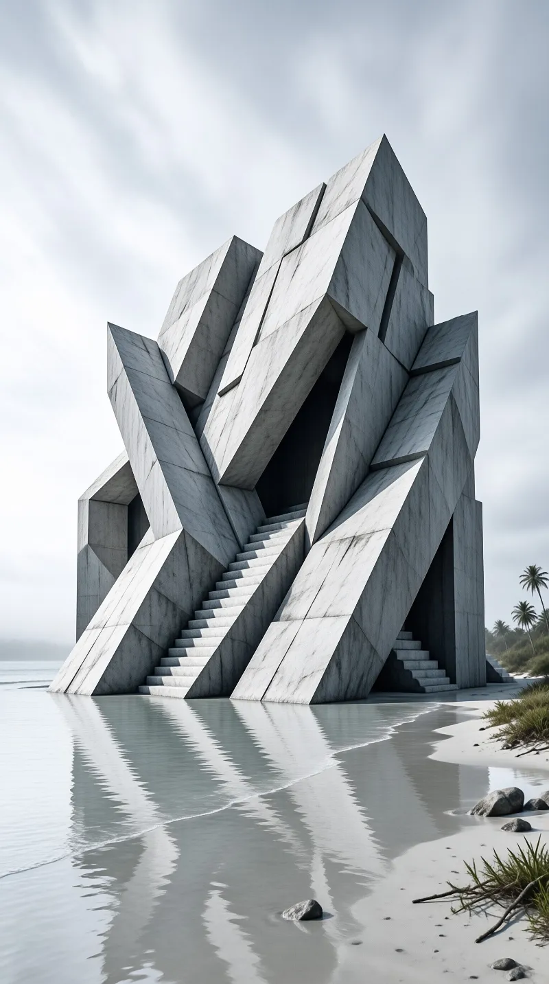 Jagged blocks of pale stone lean together on a sandy shore, with stairways climbing into the overcast sky.