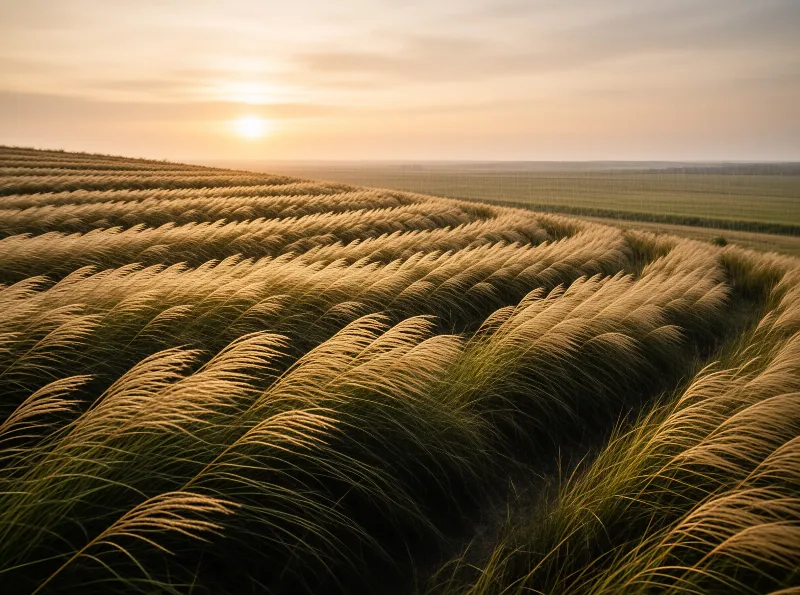 Low golden plumes of stipa bend in unison across a vast steppe, backlit by a hazy sun sinking toward the flat horizon