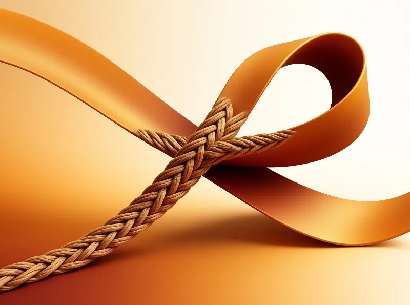 A thick twisted fiber rope binds a smooth curved orange ribbon against a warm gradient background.