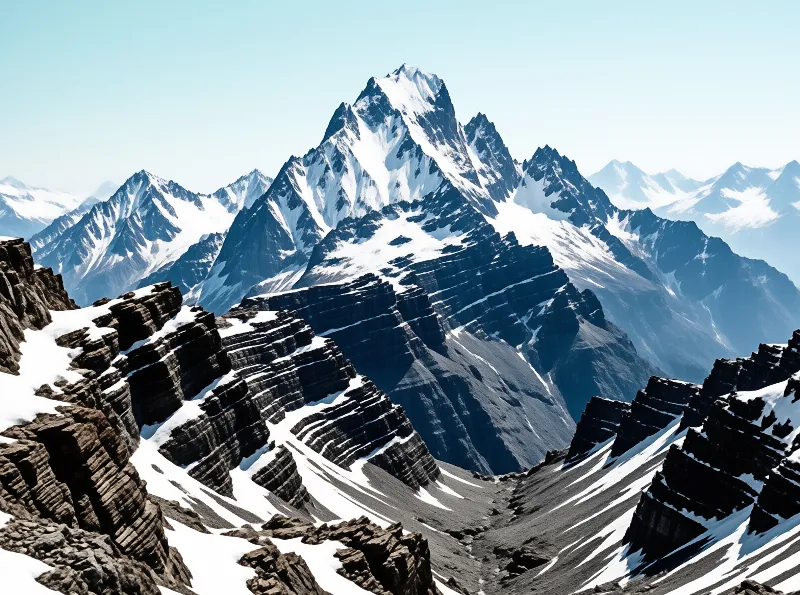 Jagged summits covered in bright snow tower above dark folded rock ridges under a clear pale blue sky.