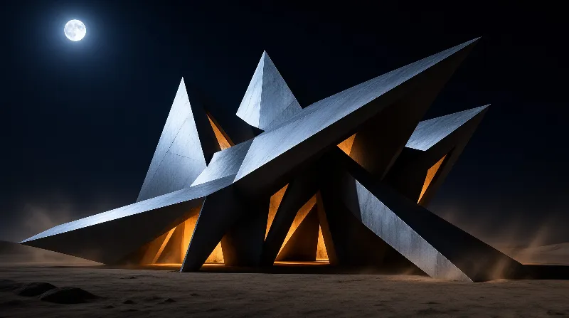 Sharp brushed steel blades radiate from a desert platform, their inner faces lit amber while a bright moon hangs overhead