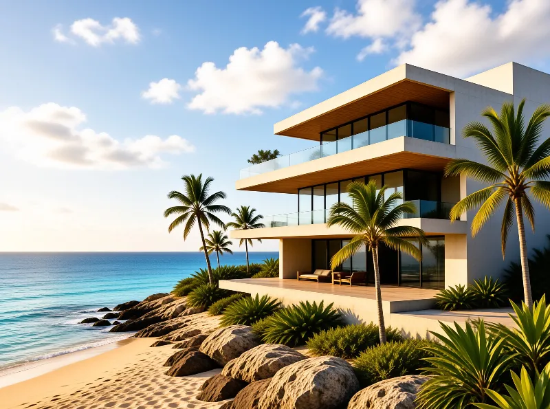 A large white modern house stands on a sandy beach next to large rocks and palm trees under a bright sky.