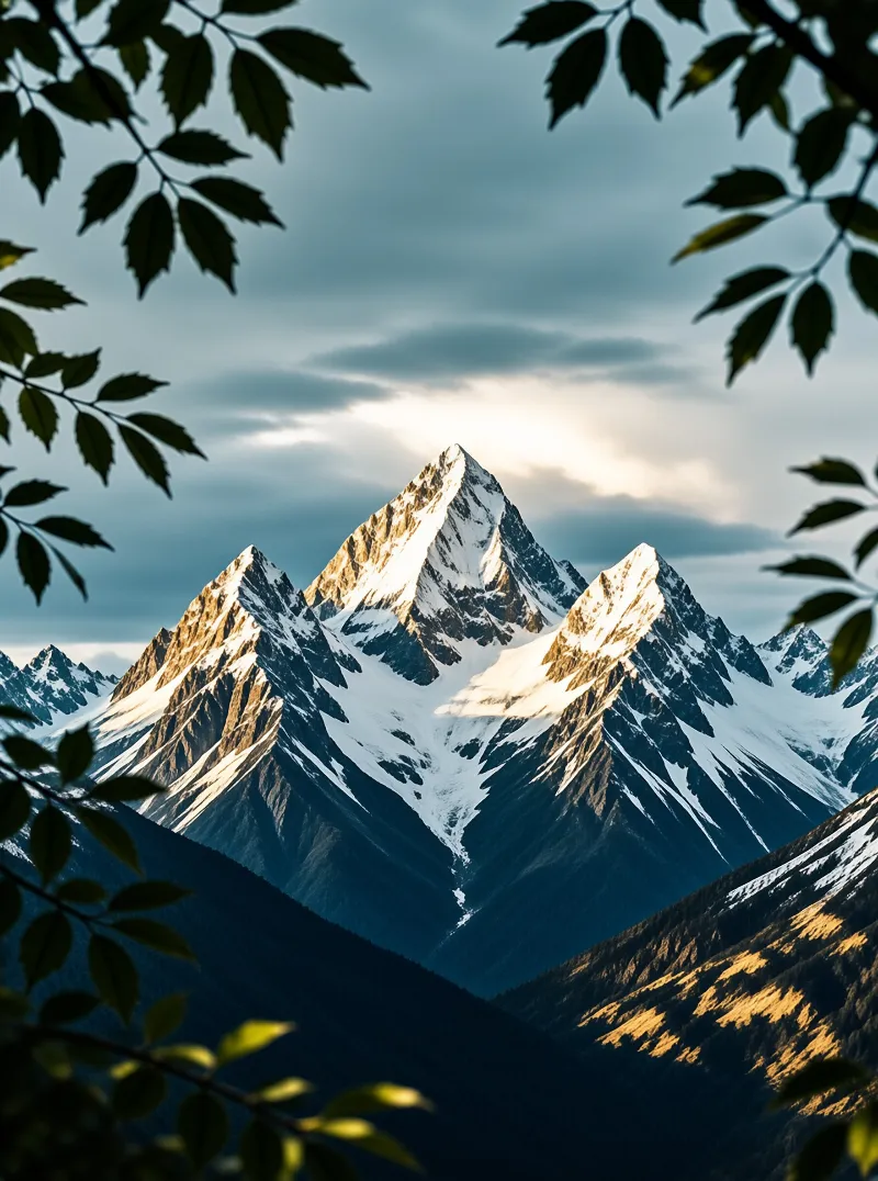 Sunlit Peaks Framed by Leaves