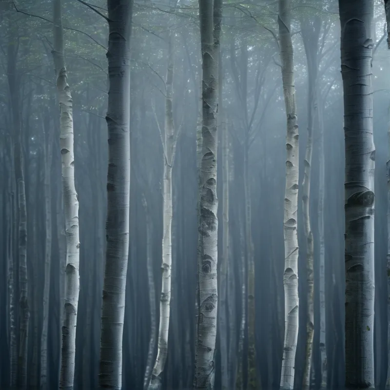 Slender pale tree trunks rise through a dense blue-grey fog deep in a quiet misty forest at dawn