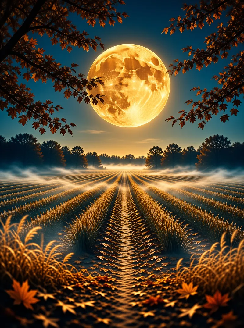 A large glowing moon illuminates a misty wheat field under a deep blue night sky framed by autumn branches.
