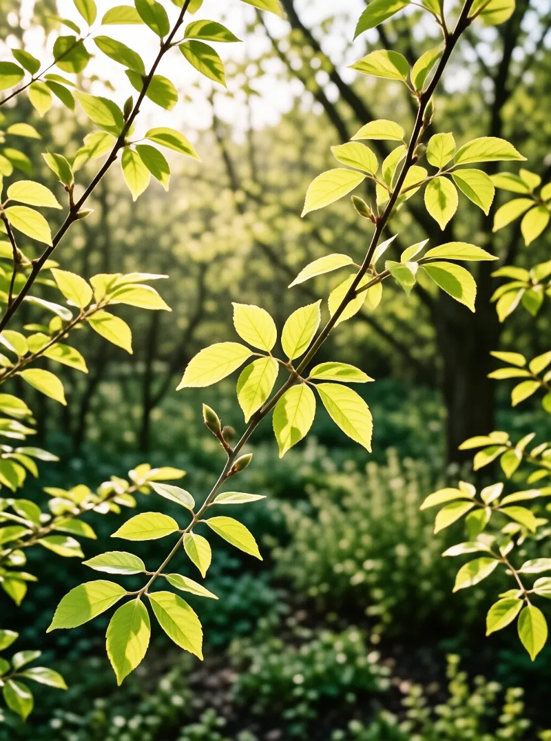 Bright green leaves on slender branches are backlit by warm sunlight filtering through a blurred forest background.