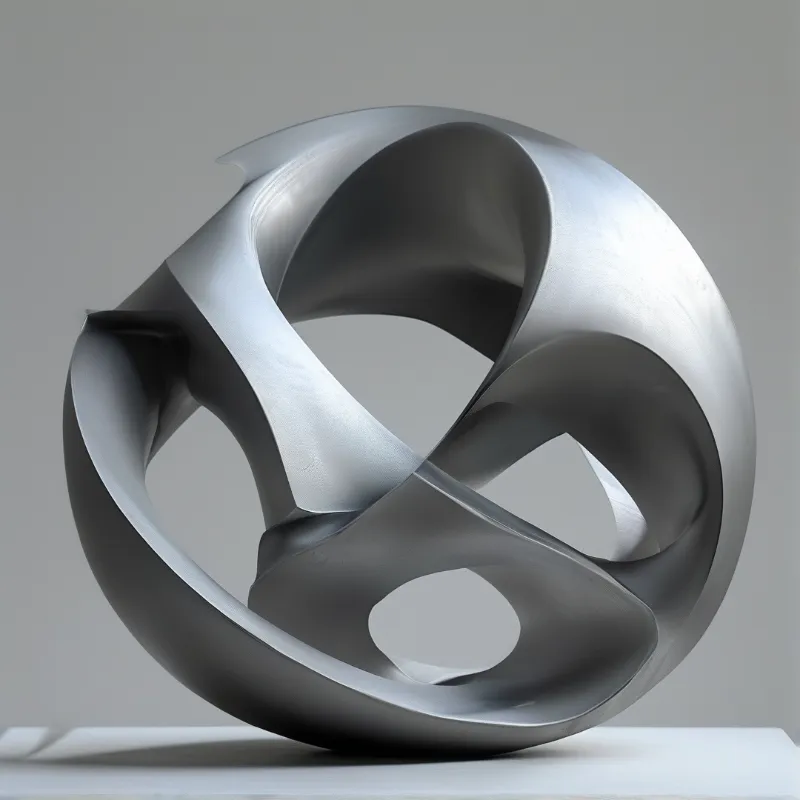 A large glossy silver abstract form with twisted openings rests on a plain white table under even studio lighting against a muted gray wall.