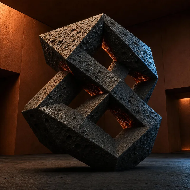 A large concrete impossible cube with orange glowing inner edges is placed in a room featuring brown walls and wooden flooring.