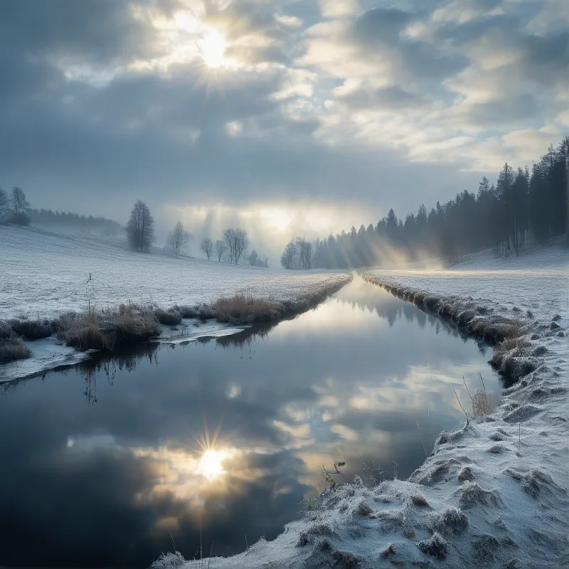 Frozen canal stretches through frost covered fields, its dark water mirroring the starburst of sun cutting through clouds.