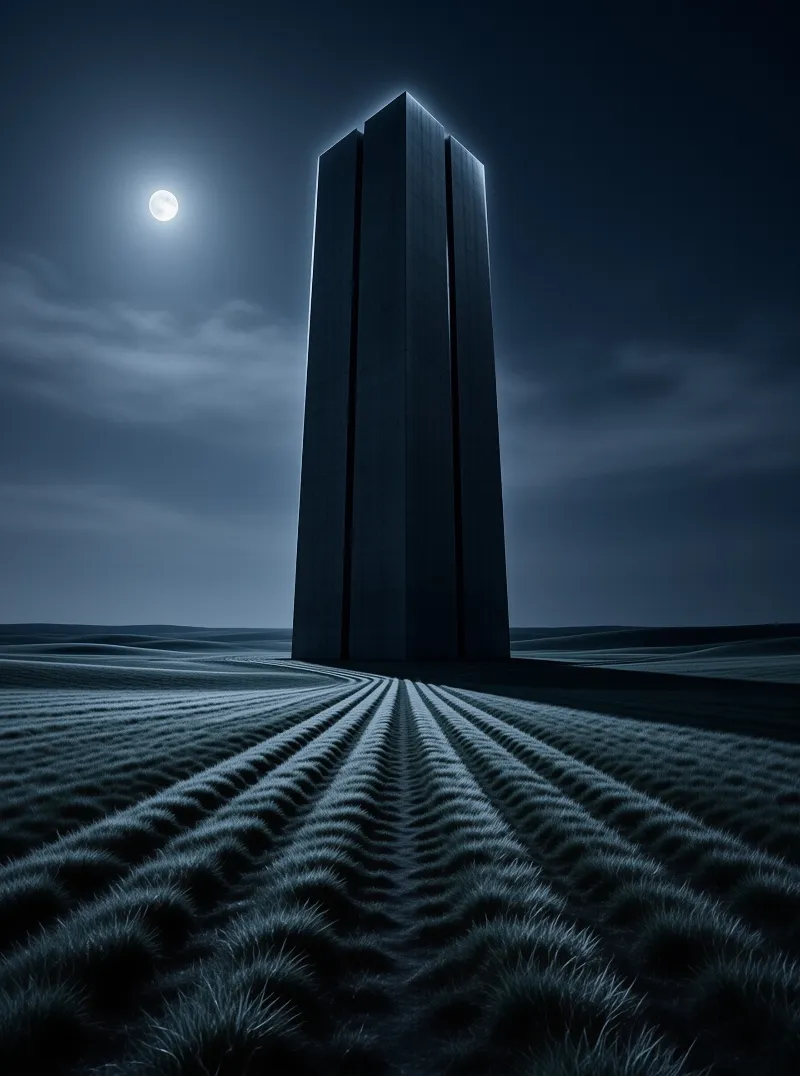 A massive dark monolith stands alone in a rippled desert landscape under a bright full moon and deep blue night sky.