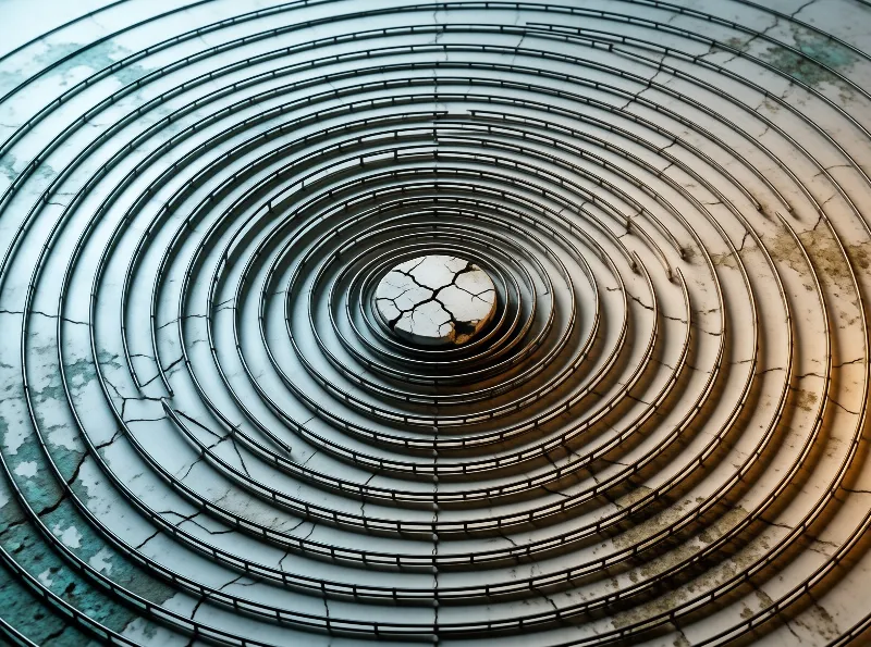 A weathered spiral staircase with concentric metal steps surrounds a cracked circular center glowing warm amber from below.