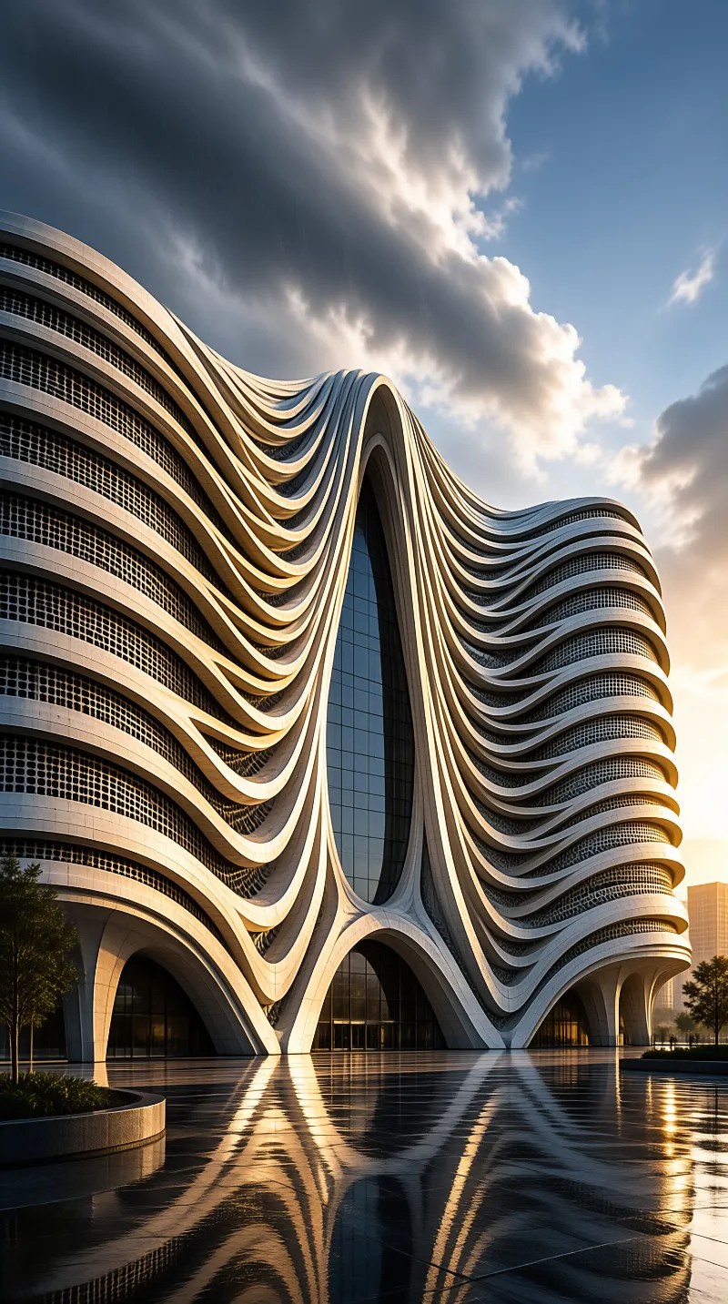 A futuristic structure with curved layers stands under a dramatic sky while its shape mirrors in the rain-slicked pavement.
