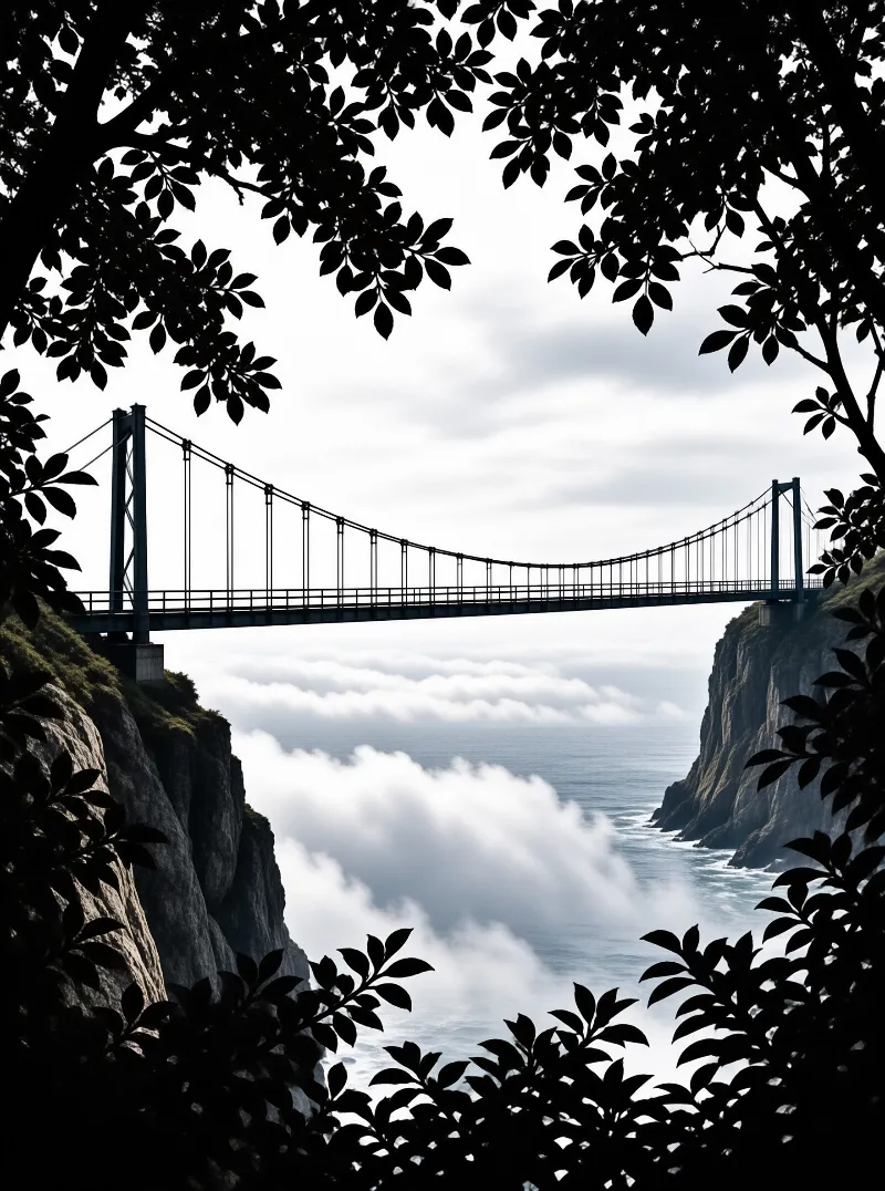A slender steel footbridge links two rocky headlands while fog drifts through the gorge below leafy branches.
