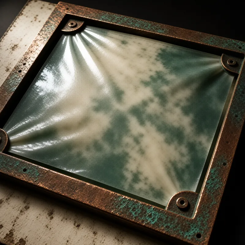 A square weathered metal frame holds a stretched translucent green sheet that shines brightly under a directed light source.