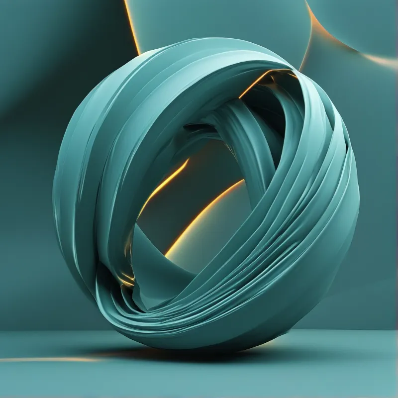 Glossy teal ribbons wrap into a loose sphere that frames a square opening with a warm light behind it.