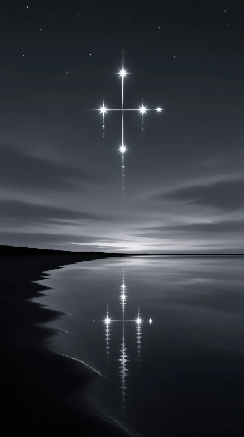 A luminous cross made of stars hangs in the dark sky above a tranquil shoreline with perfect reflections in the water.