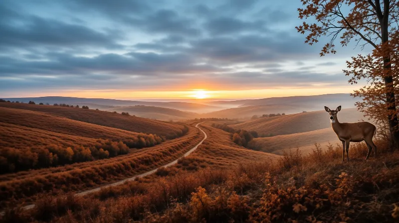 A lone deer stands at the edge of copper grassland while a narrow road winds toward layered hills lit by early sun.