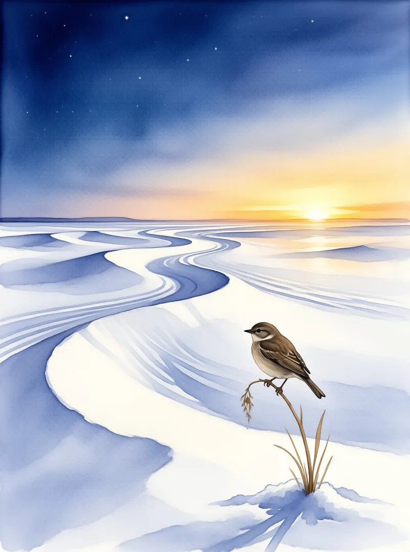 A small sparrow perches on a dried reed above a winding frozen creek at sunset.