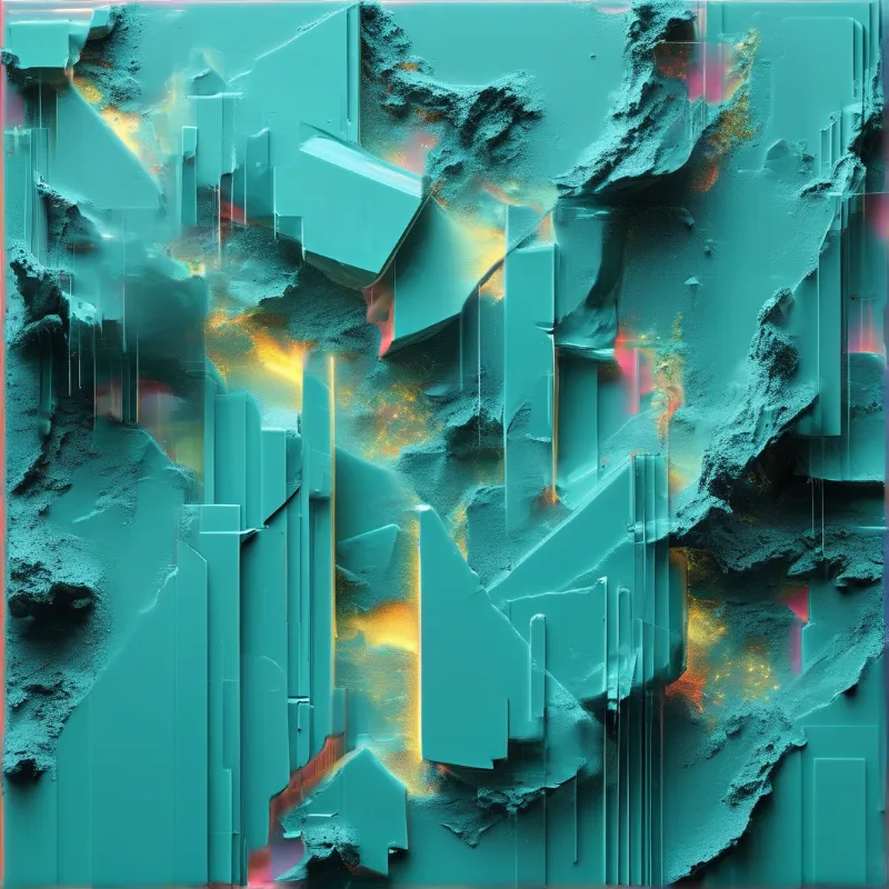 Jagged teal textured stone fragments stand vertically with warm orange and red light glowing between their sharp edges