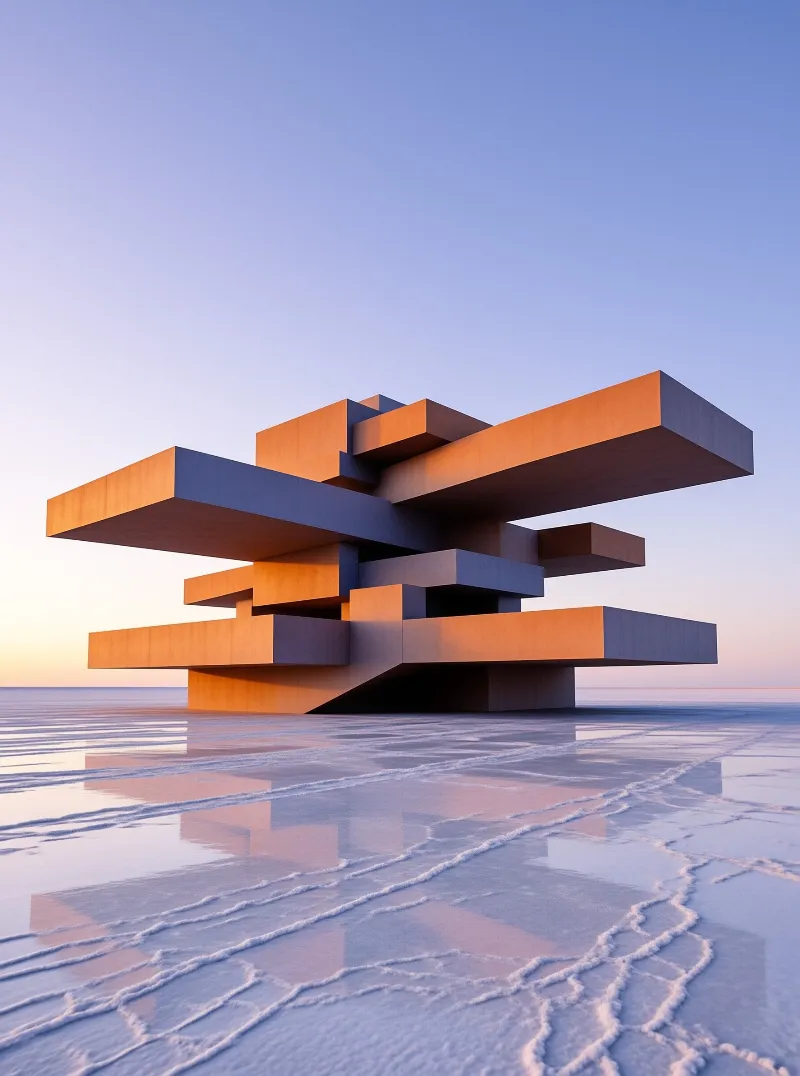 A massive geometric structure of interlocking rectangular volumes rests upon cracked salt flats beneath a gradient sky.