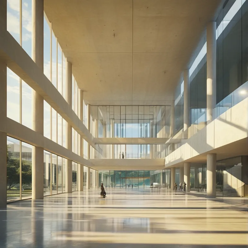 Sunlit multi-story concrete and glass atrium, with warm light casting long shadows on the reflective floor.
