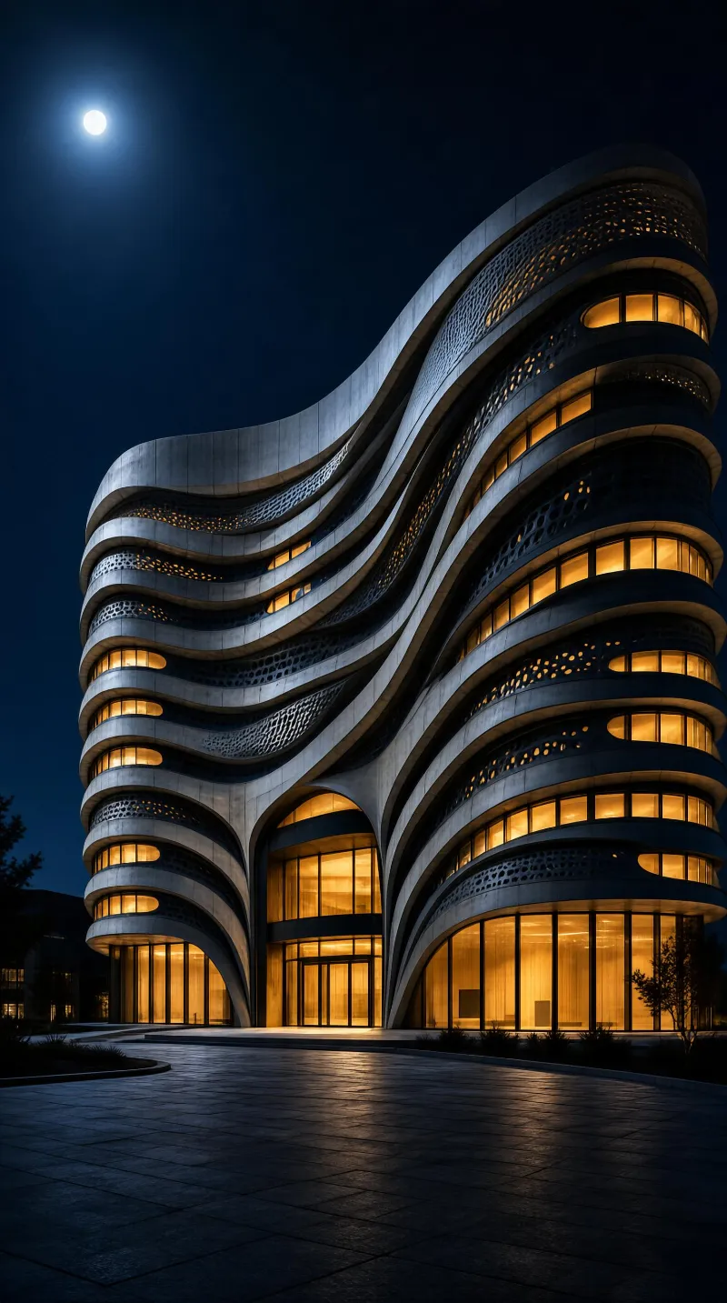 Modern Wave-like Building at Night