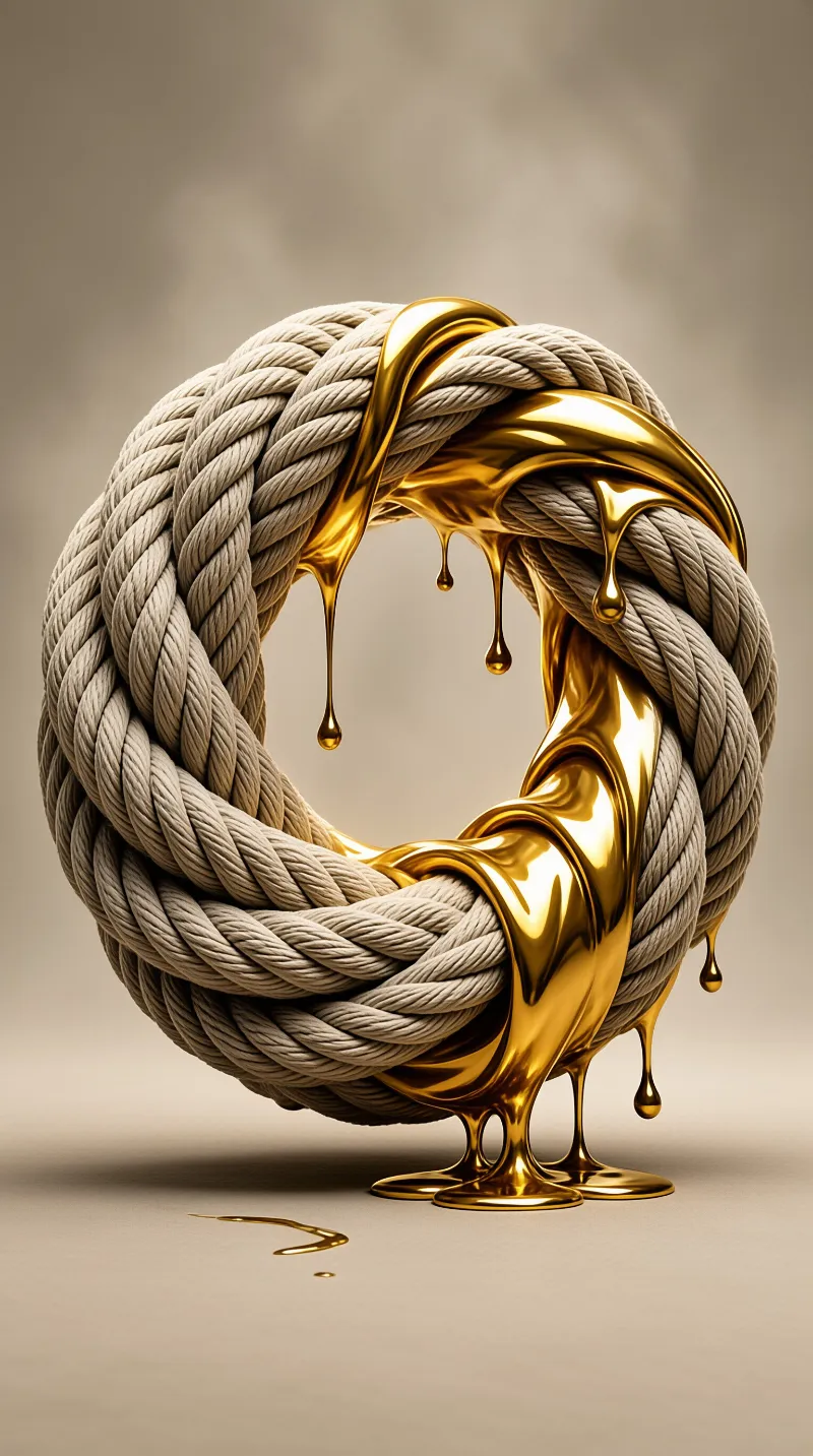 Thick beige rope coiled into a circle while shiny liquid gold flows over its surface and drips onto the ground below.