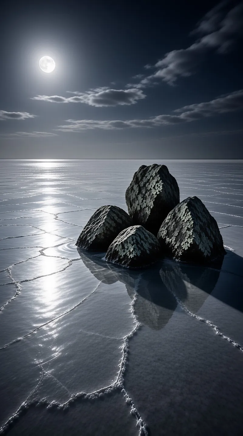 Four spotted stones cluster on a glassy frozen plain, their forms mirrored below under a bright night sky.