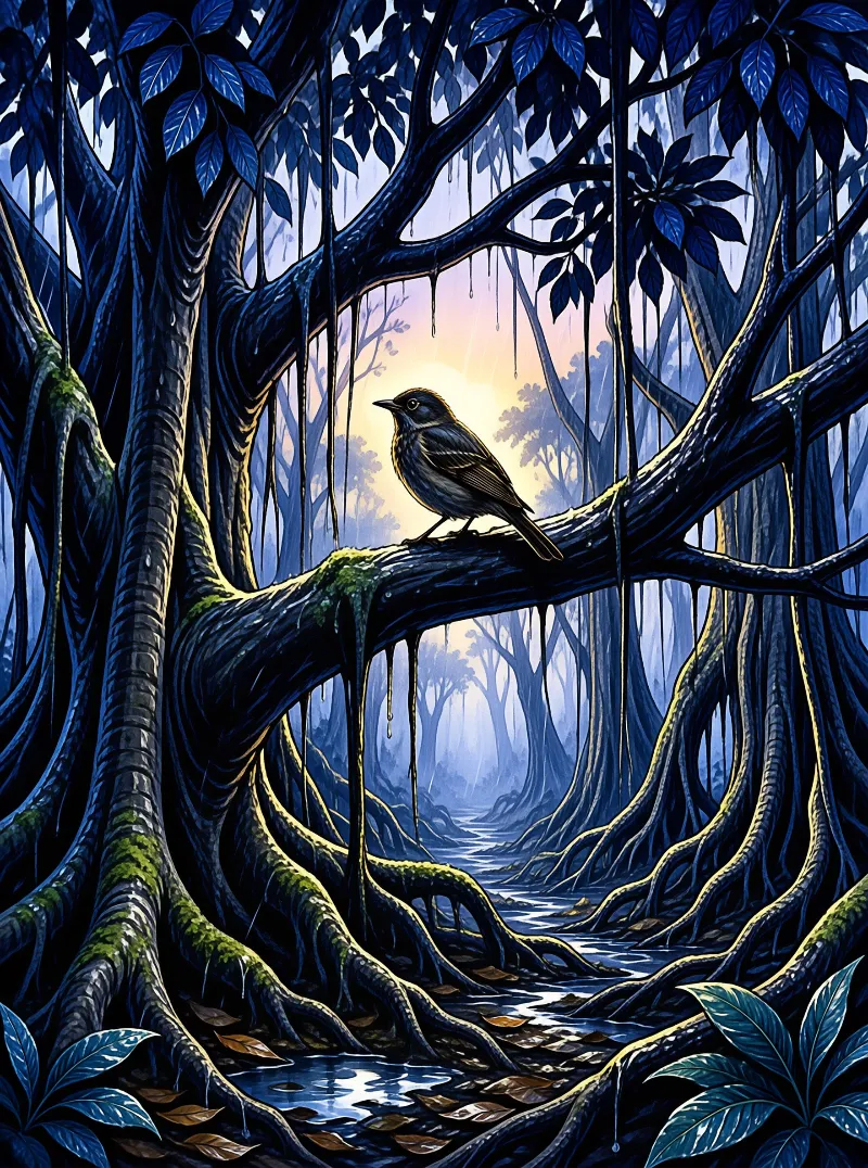 A songbird rests on a mossy branch in a dark forest where sunlight streams through trees onto a winding path.