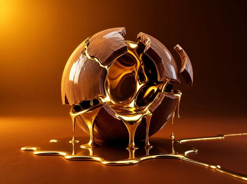 A dark textured sphere splits open as reflective molten gold flows from within and pools on the surface below.