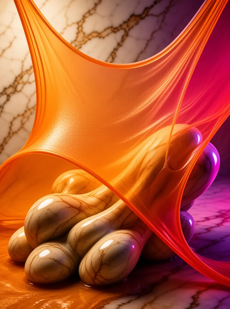A glossy amber film stretches over cream marbled bulbs lit with magenta and violet light.