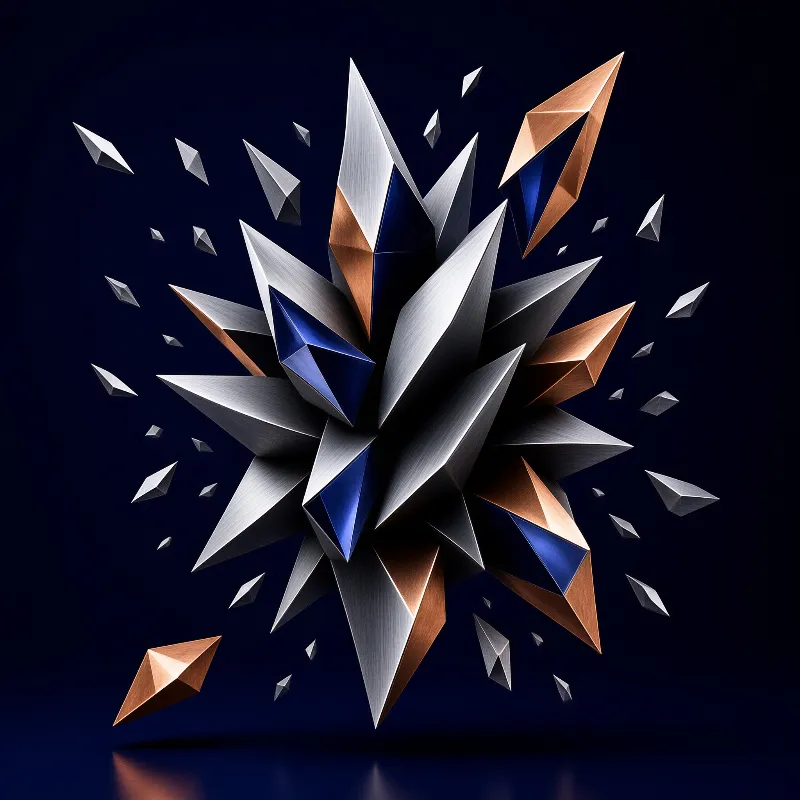 Silver and copper shards explode outward against a dark blue background with bright highlights on sharp edges.