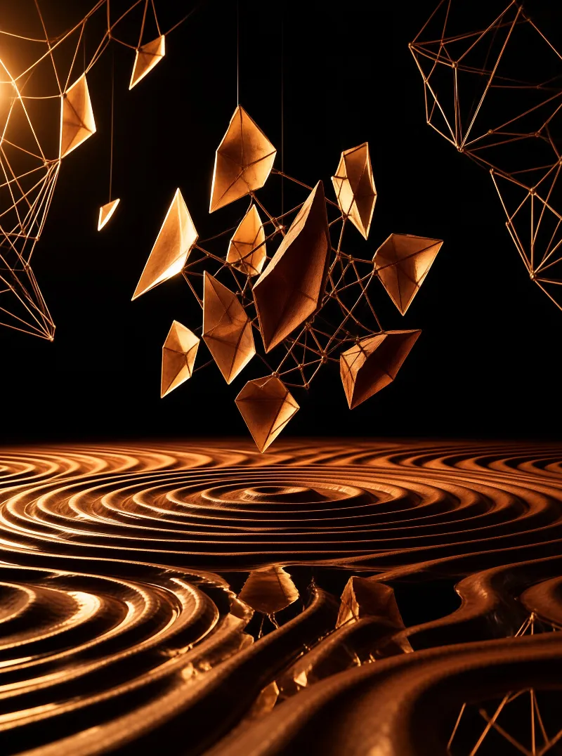 Suspended geometric shapes float above a metallic landscape with concentric ripples under warm amber illumination.