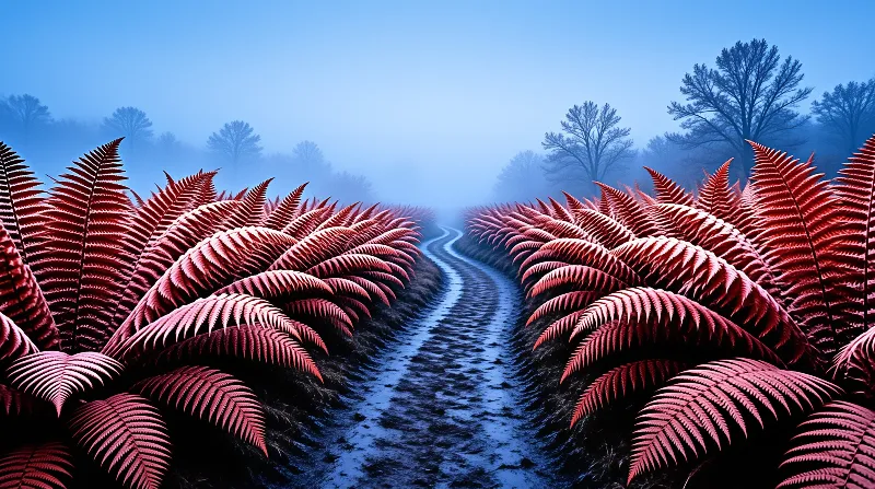 A dirt road meanders through tall red ferns into a misty blue forest with bare trees silhouetted in the foggy distance.