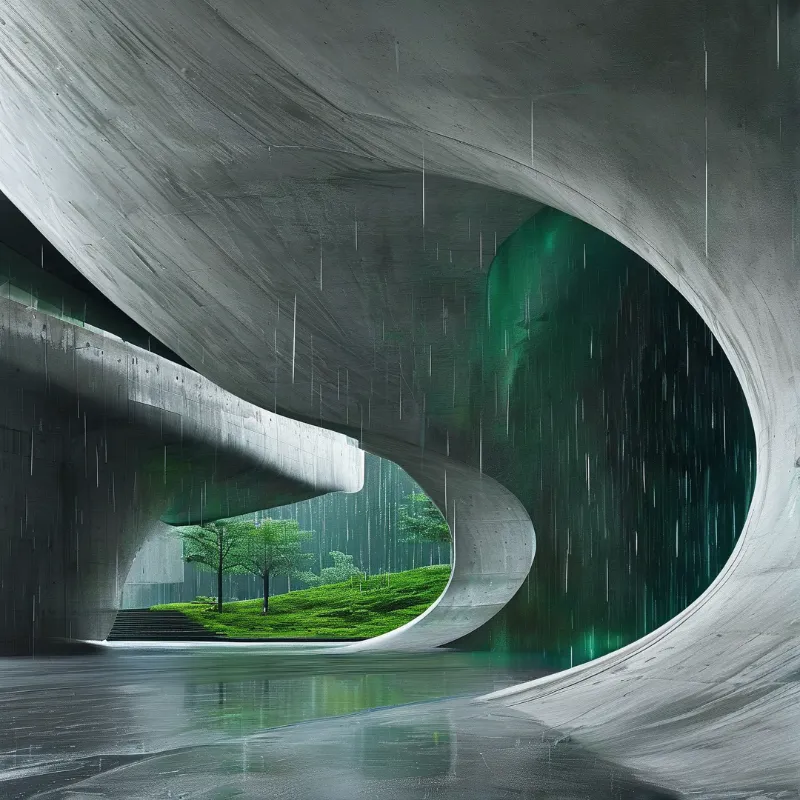 A smooth grey tunnel opening reveals lush green grass while rain falls onto the wet reflective floor surface.