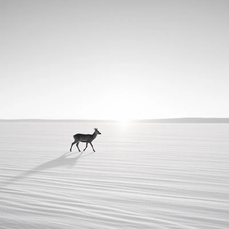 A solitary deer traverses a wide salt flat under a pale sky with its shadow stretching long in the low light.