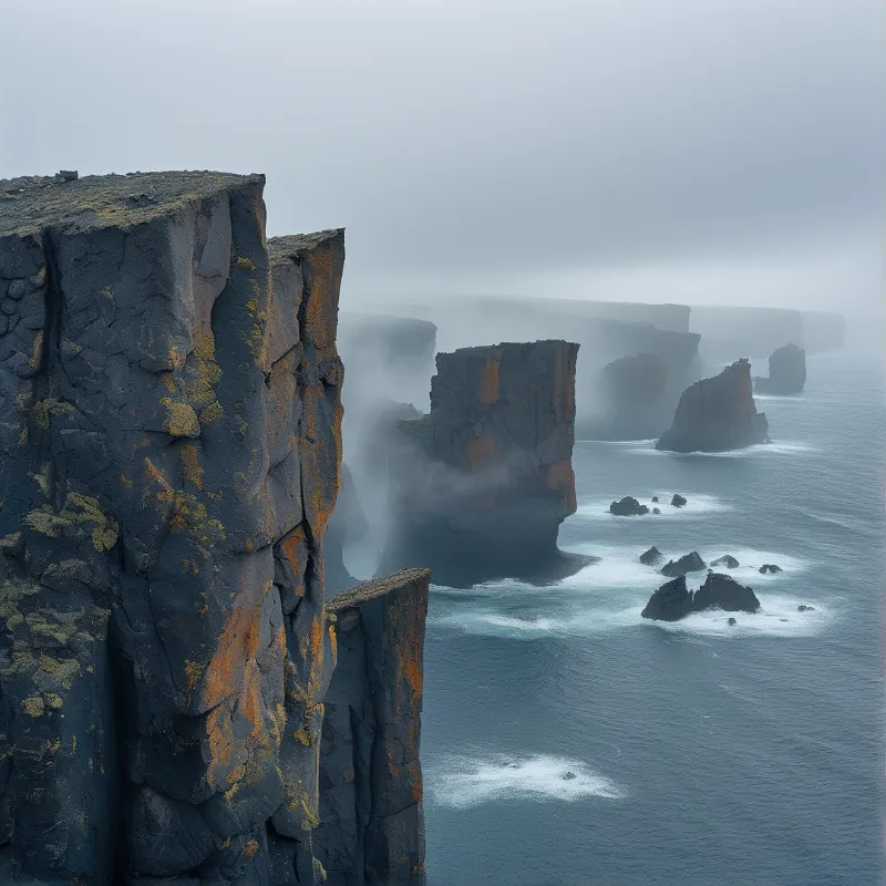 Massive dark cliffs with orange patches rise from the grey ocean while thick fog obscures the distant rock formations.