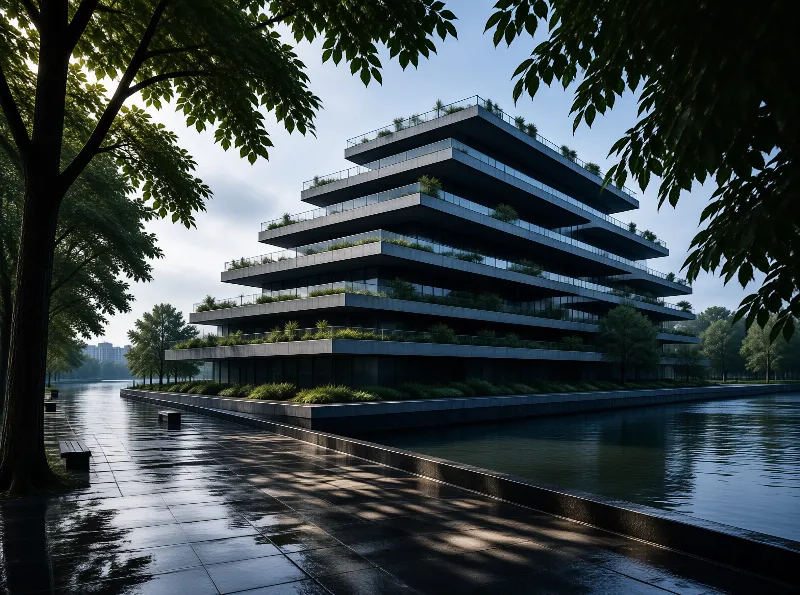 A tiered structure with greenery stands beside a calm waterway while wet pavement reflects the surrounding foliage.