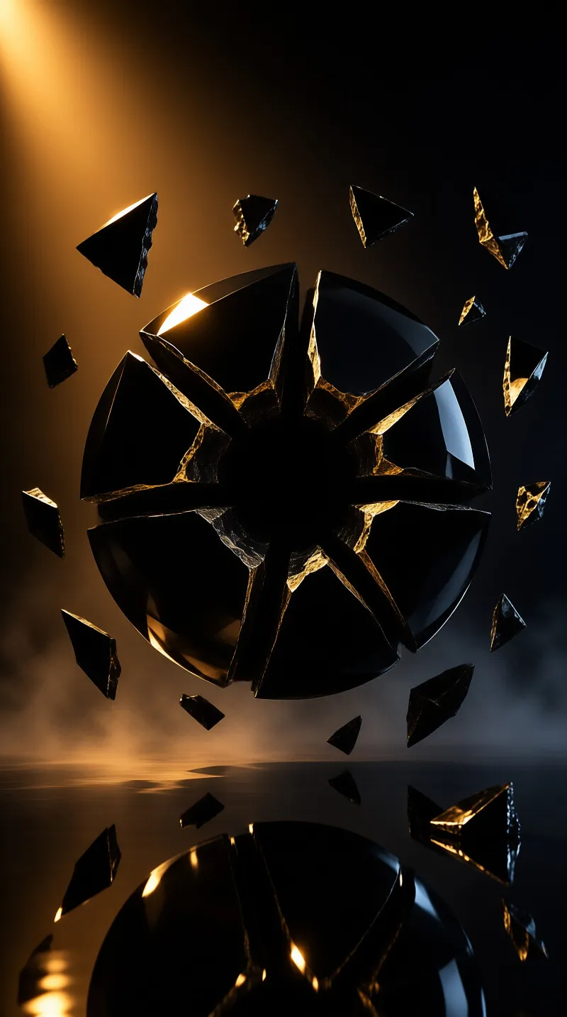 A black glass sphere shatters above a reflective surface, its jagged fragments catching golden light in darkness.