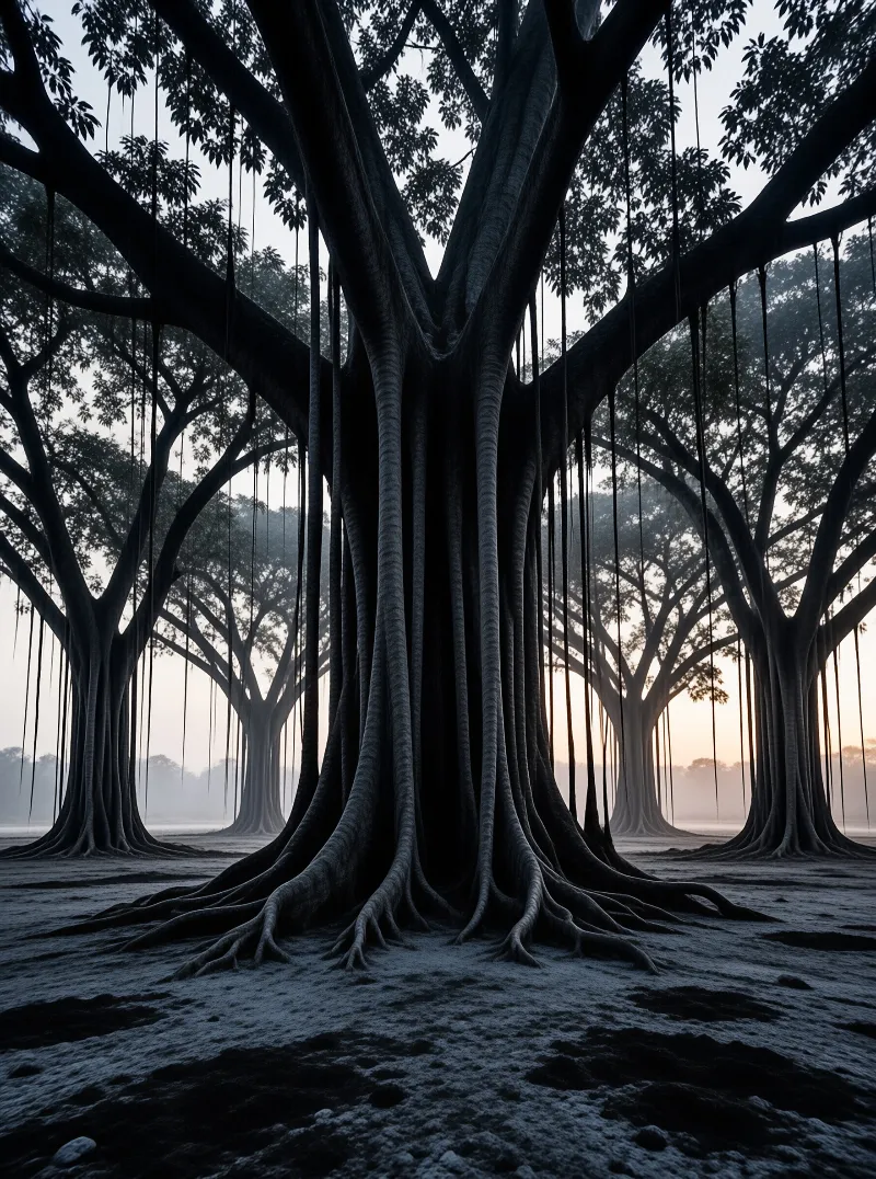 Massive banyan trees with spreading roots stand in a foggy landscape as warm light glows through the mist.