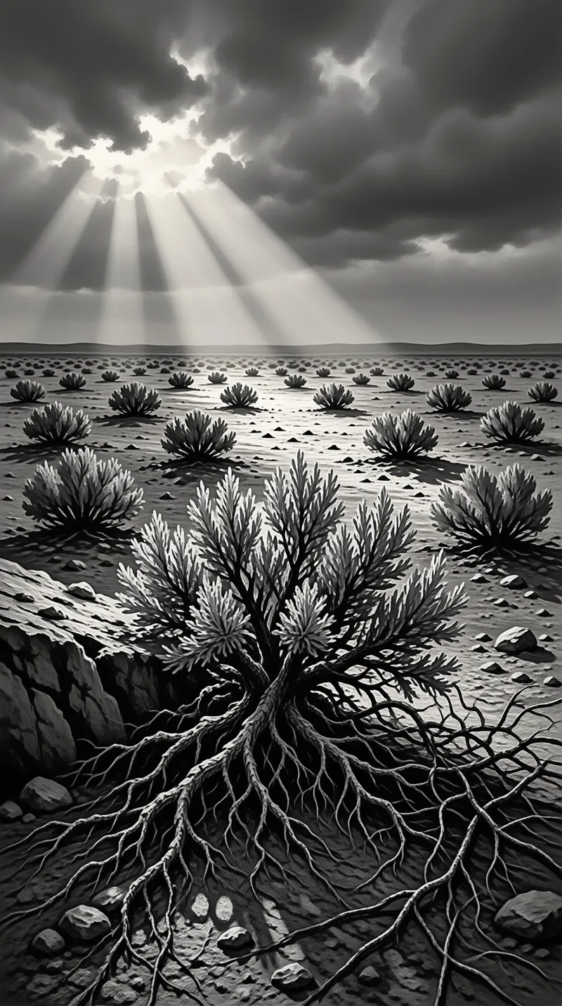 A gnarled desert shrub with visible roots anchors the foreground of a vast landscape illuminated by dramatic sunbeams.