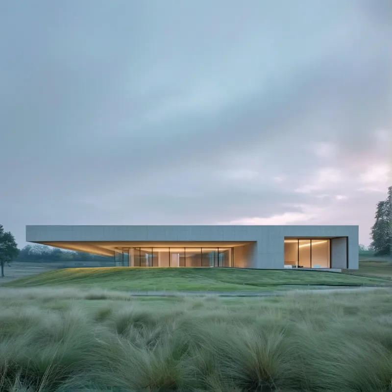 A low modern concrete house with glowing interior sits on a grassy mound surrounded by tall ornamental grasses under a soft overcast twilight sky.