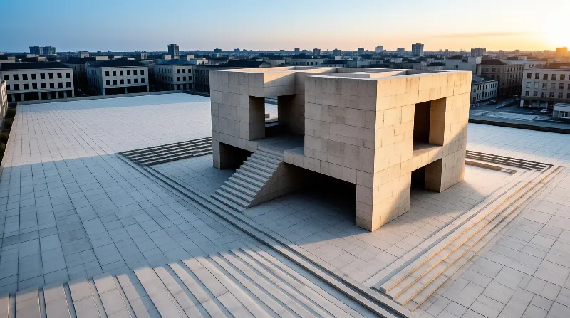 Abstract concrete structure sits on a paved urban square illuminated by low golden sun.