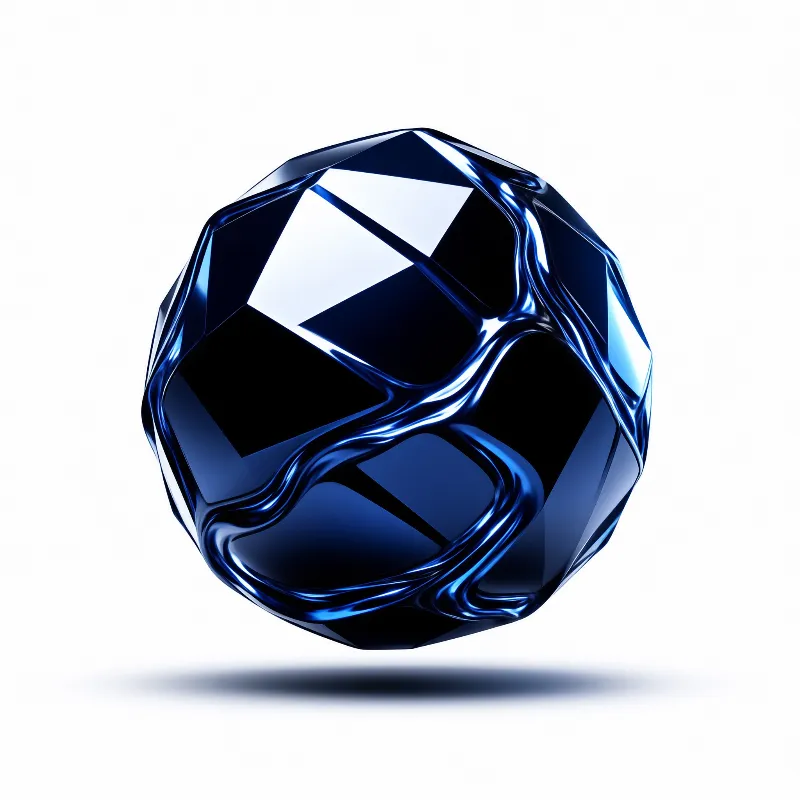 A glossy metallic sphere cut into soft facets glows deep blue against a clean white ground.