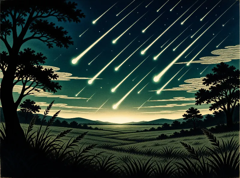 Silhouetted trees flank a grassy field beneath a dark sky crisscrossed by luminous meteor trails.