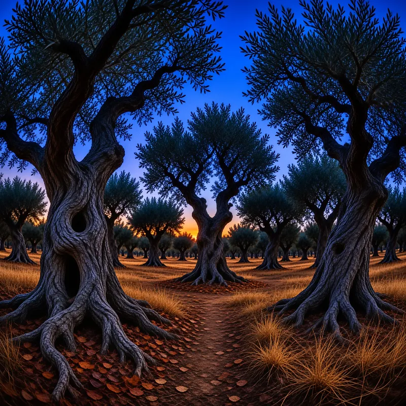 Ancient olive trees with twisted trunks line a dirt path leading toward a glowing sunset horizon.